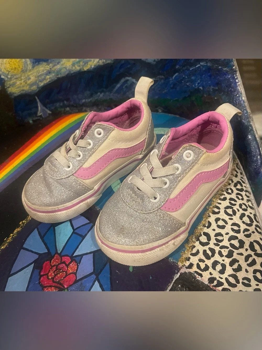Vans Silver Glitter Sneakers with Pink Accents Size 5.0 Toddler
